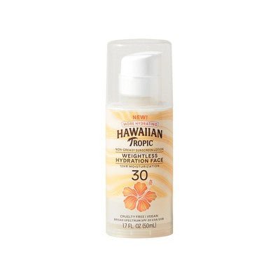Hawaiian Tropic Silk Hydration Weightless Face Sunscreen SPF 30 travel size essentials, TSA approved toiletries