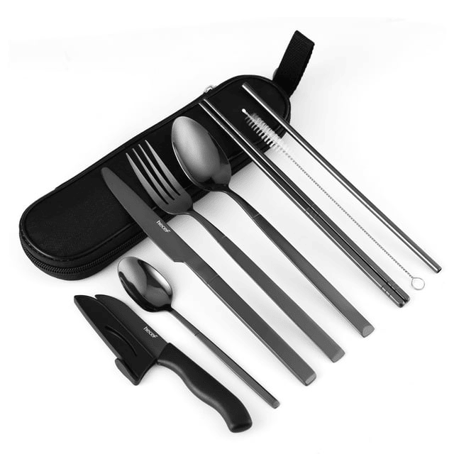 Hecef Reusable Travel Cutlery Set in compact zippered case.