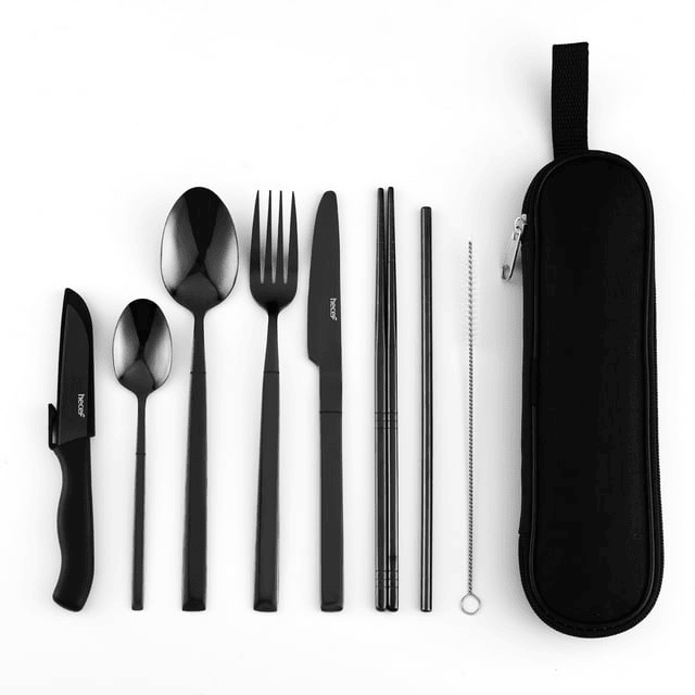 Hecef Reusable Travel Cutlery Set in compact zippered case