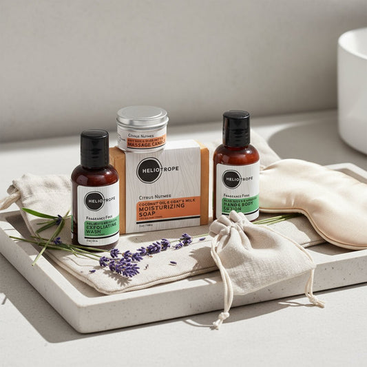 Heliotrope Discovery Kit – Travel - Size Body Care Set with Massage Candle - 3oz Essentials