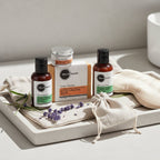 Travel size essentials skincare kit with organic toiletries and soap.