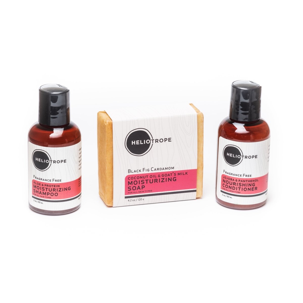 Heliotrope Hair Care Travel Sampler – Shampoo, Conditioner & Soap - 3oz Essentials