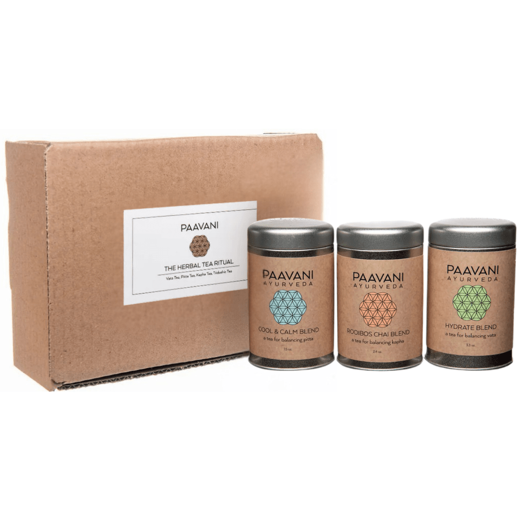 Herbal Tea Ritual Ayurvedic Organic Loose-Leaf Tea Collection Caffeine-Free Wellness Trio in travel-friendly packaging