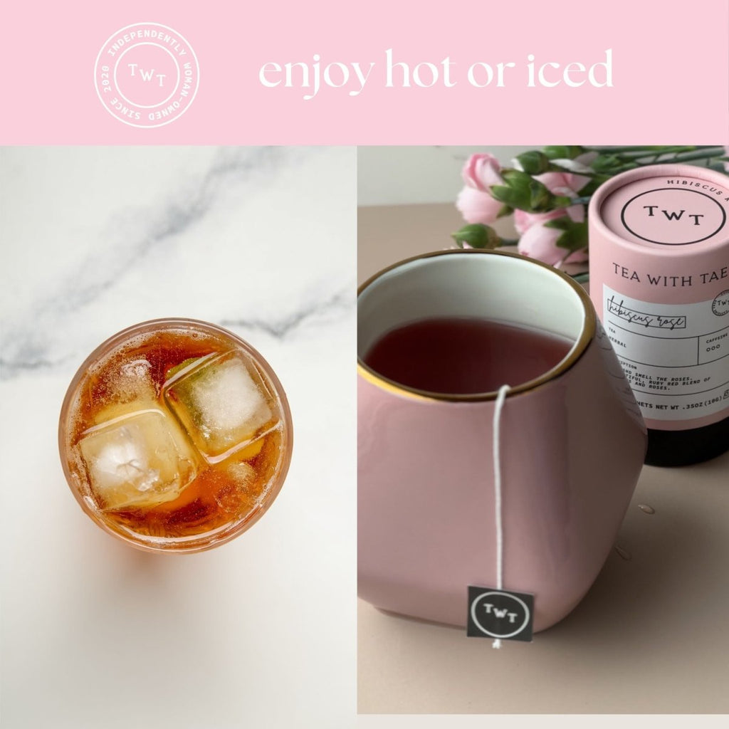 Hibiscus Rose Mini Tea Tube – Floral & Fruity Herbal Blend (5 Sachets) in iced and hot tea presentations.