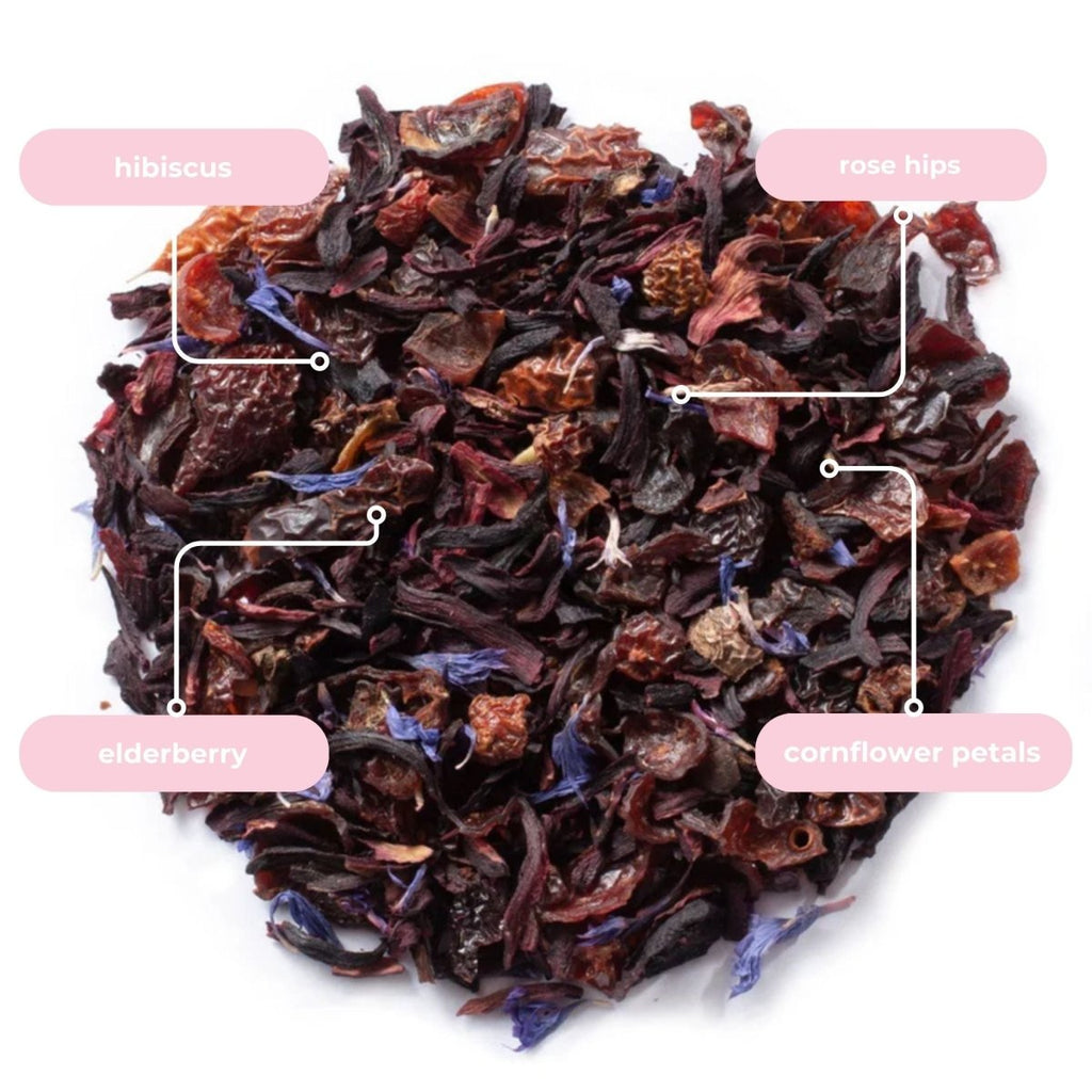 Hibiscus Rose Mini Tea Tube – Floral & Fruity Herbal Blend (5 Sachets) herbs and ingredients close-up