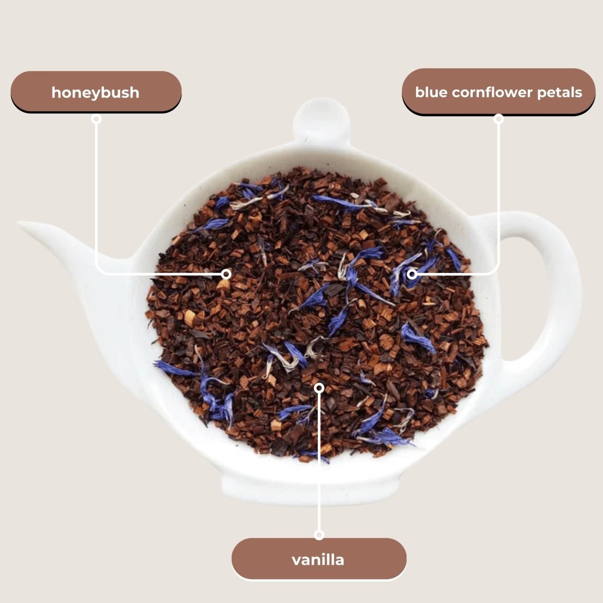 Tea leaves with honeybush, blue cornflower petals, and vanilla in a teapot on a beige background.