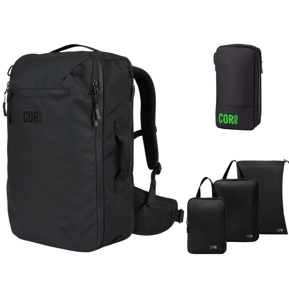 Black backpack and smaller bags with 'CORE' branding on a white background