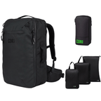Black backpack and smaller bags with 'CORE' branding on a white background