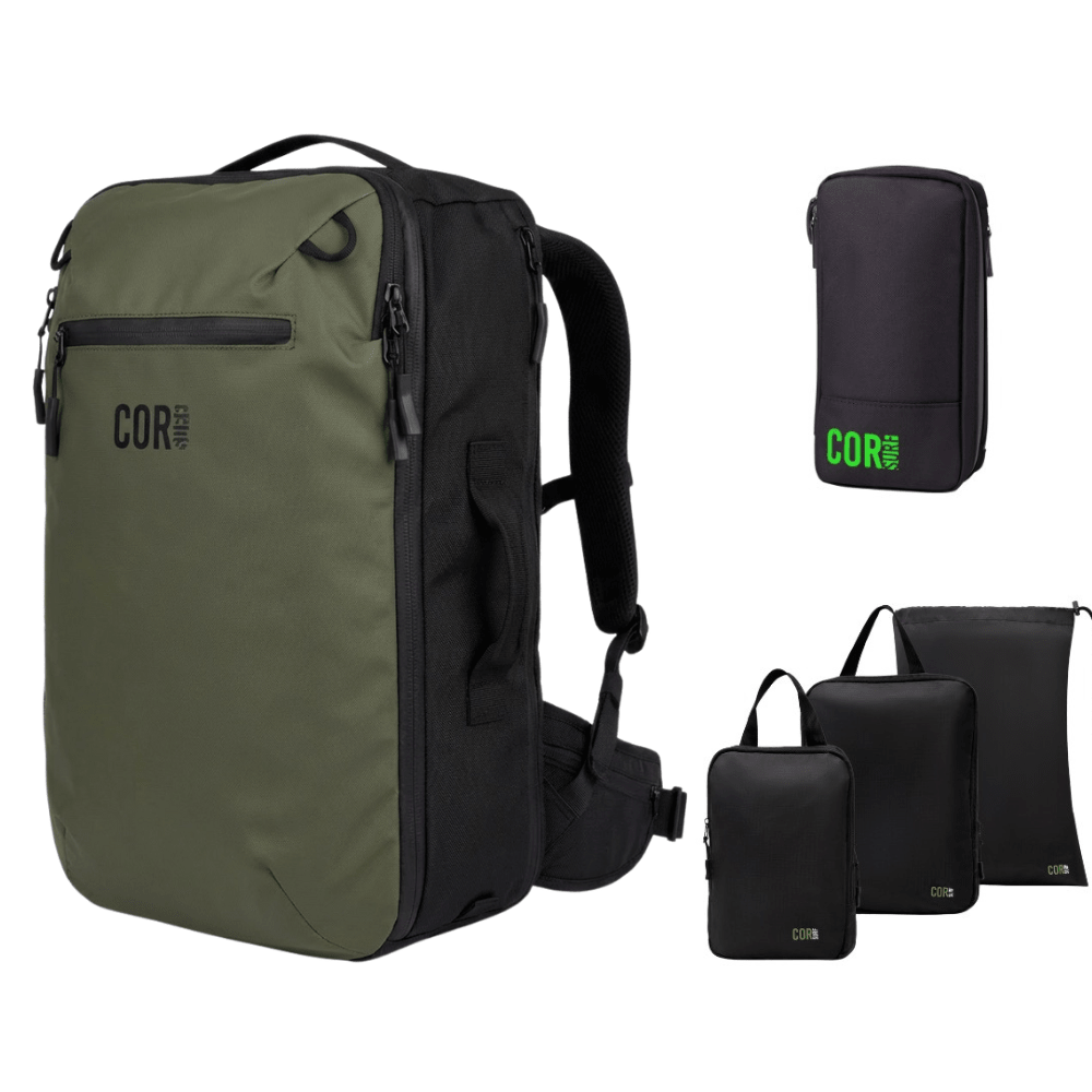Green backpack with smaller black bags on a white background