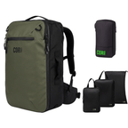 Green backpack with smaller black bags on a white background