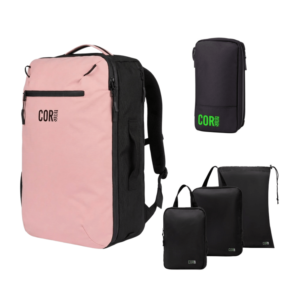 Pink backpack and black travel bags with 'COR' branding on a white background