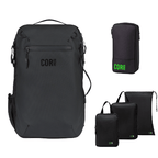 Black backpack and travel pouches with 'COR' branding on a white background