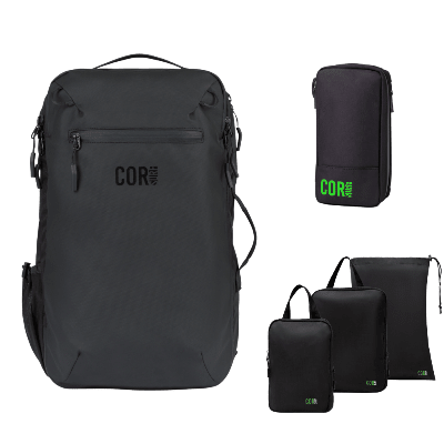 Black backpack and travel pouches with 'COR' branding on a white background
