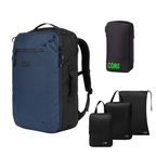 Blue backpack and black travel pouches with 'COR' branding on a white background