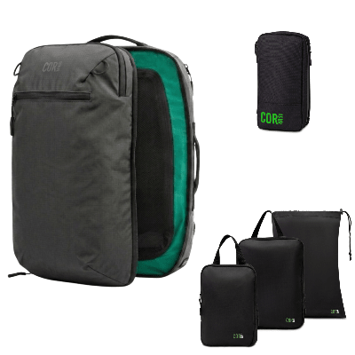 A dark gray Cor2 biodegradable backpack shown open to reveal a bright green interior, alongside its three compressed, flat-folded travel pouches in black with green Cor2 branding. The image is set against a plain white background.