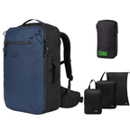 Blue and black backpack with smaller bags on a white background