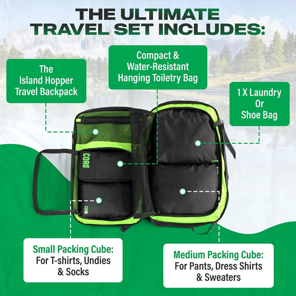 Travel set with backpack, toiletry bag, and packing cubes on a green background