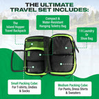 Travel set with backpack, toiletry bag, and packing cubes on a green background