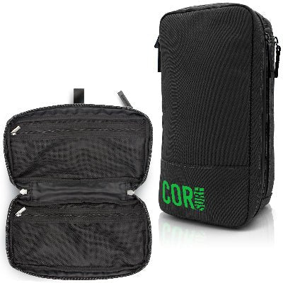 Black travel organizer with green 'CORE' branding on a white background