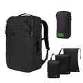 Black backpack and travel pouches with 'COR' branding on a white background
