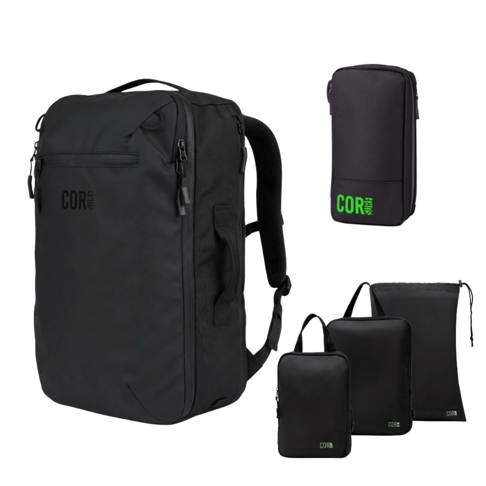 Black backpack and travel pouches with 'COR' branding on a white background