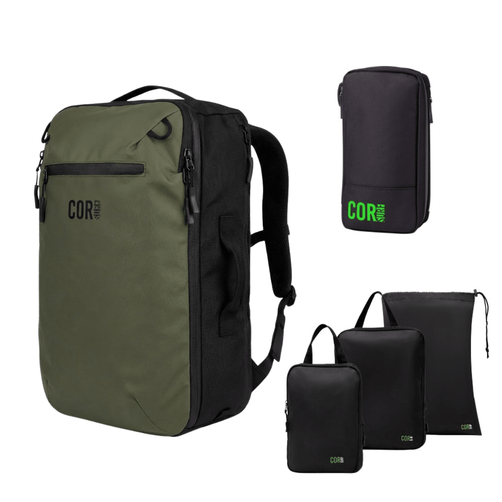 Green backpack and black travel pouches with 'COR' branding on a white background