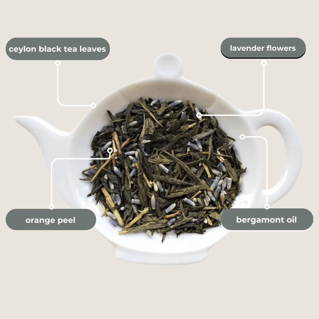 Lavender Earl Grey Mini Tea Tube ingredients including tea leaves, lavender, orange peel, and bergamot oil in white teapot.