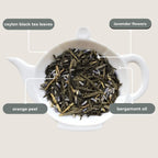 Lavender Earl Grey Mini Tea Tube ingredients including tea leaves, lavender, orange peel, and bergamot oil in white teapot.