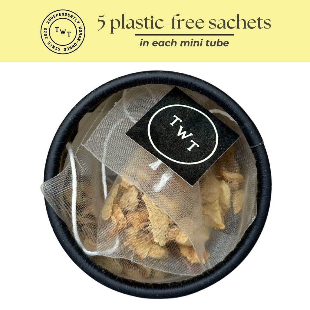 Lemon Ginger Mini Tea Tube – Zesty Herbal Rejuvenation Blend (5 Sachets) in a compact travel essential.