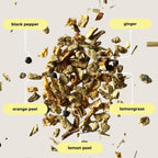 Lemon Ginger Mini Tea Tube – Zesty Herbal Rejuvenation Blend (5 Sachets) ingredients: ginger, black pepper, orange peel, lemongrass, lemon peel.
