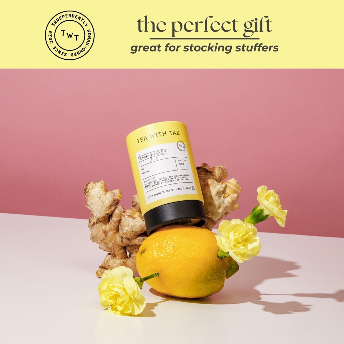 Lemon Ginger Mini Tea Tube – Zesty Herbal Rejuvenation Blend (5 Sachets) with lemon and ginger, perfect for travel size essentials.