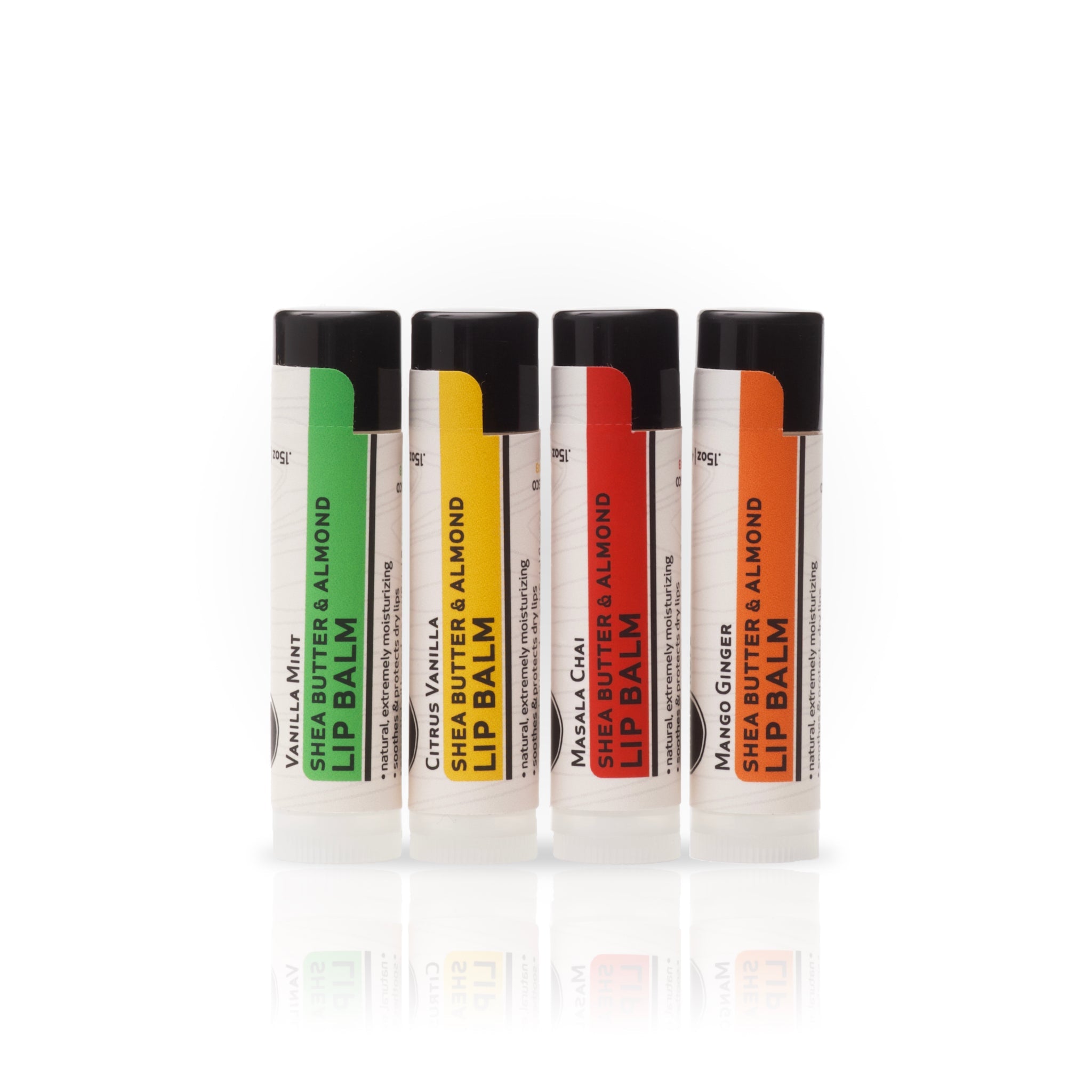 Shea Butter & Almond Lip Balm – All-Natural Moisture in Four Botanical Flavors (.15 oz)