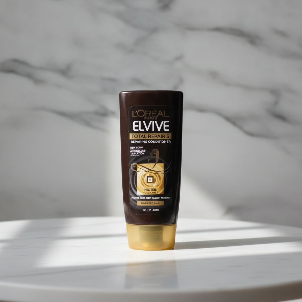 A 3 fl oz travel tube of L'Oréal Paris Elvive Total Repair 5 Repairing Conditioner on a white marble surface with soft sunlight shadows