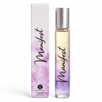 Manifest Eau de Parfum bottle with a silver cap next to its white and purple watercolor-patterned box, on a white background.