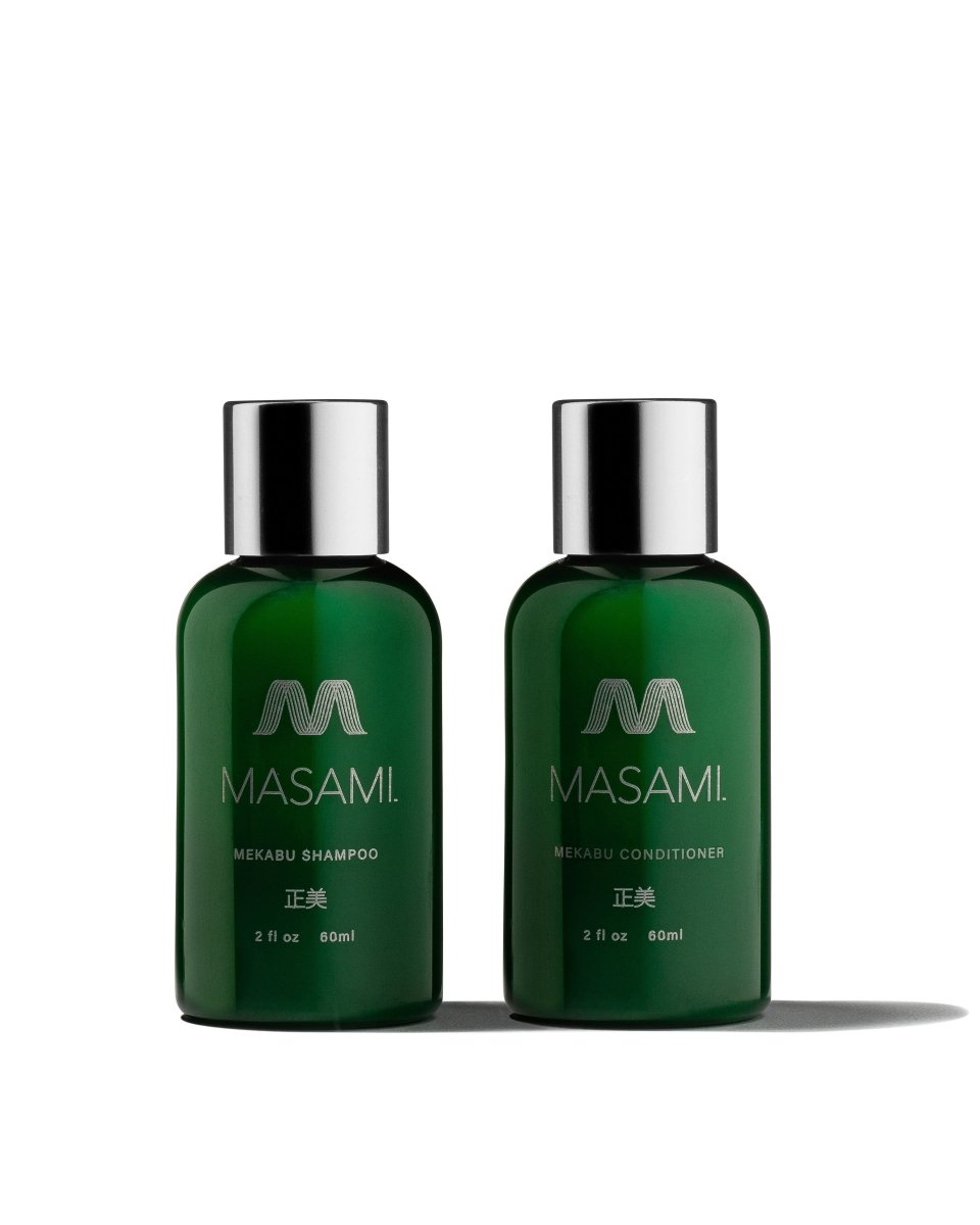 Mekabu Hydrating Travel Size Shampoo & Conditioner Set for travel size hair care and mini beauty products.