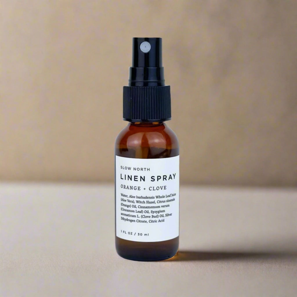 Mini Linen Spray - Orange & Clove in travel size bottle