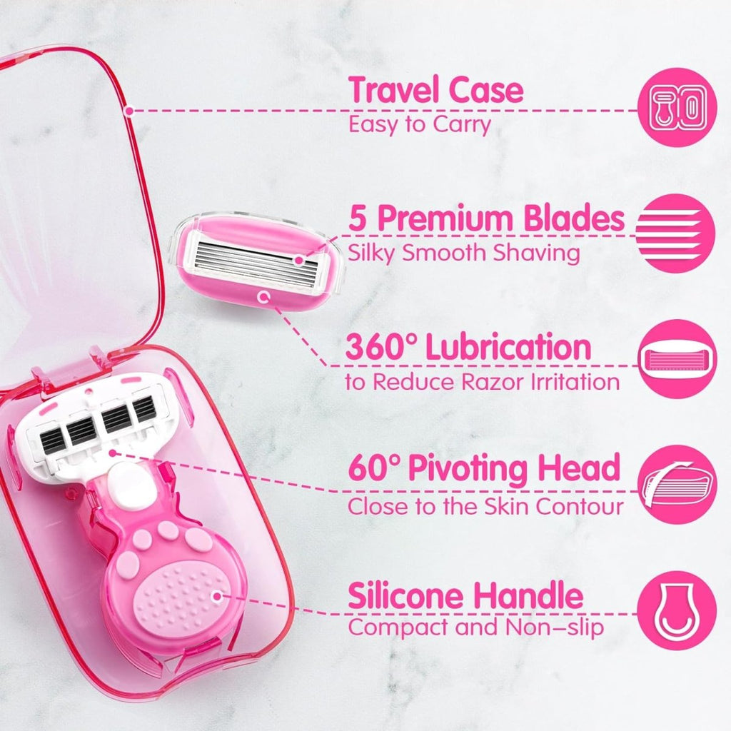 Morning After Travel Razor for Women in pink travel case with features