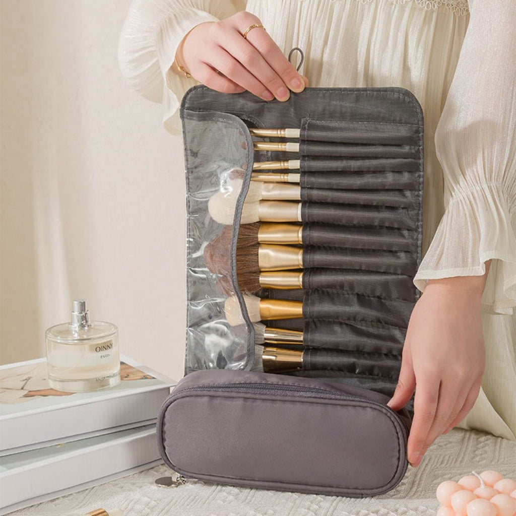 Multi-Function Folding Beauty & Brush Bag with organized brushes