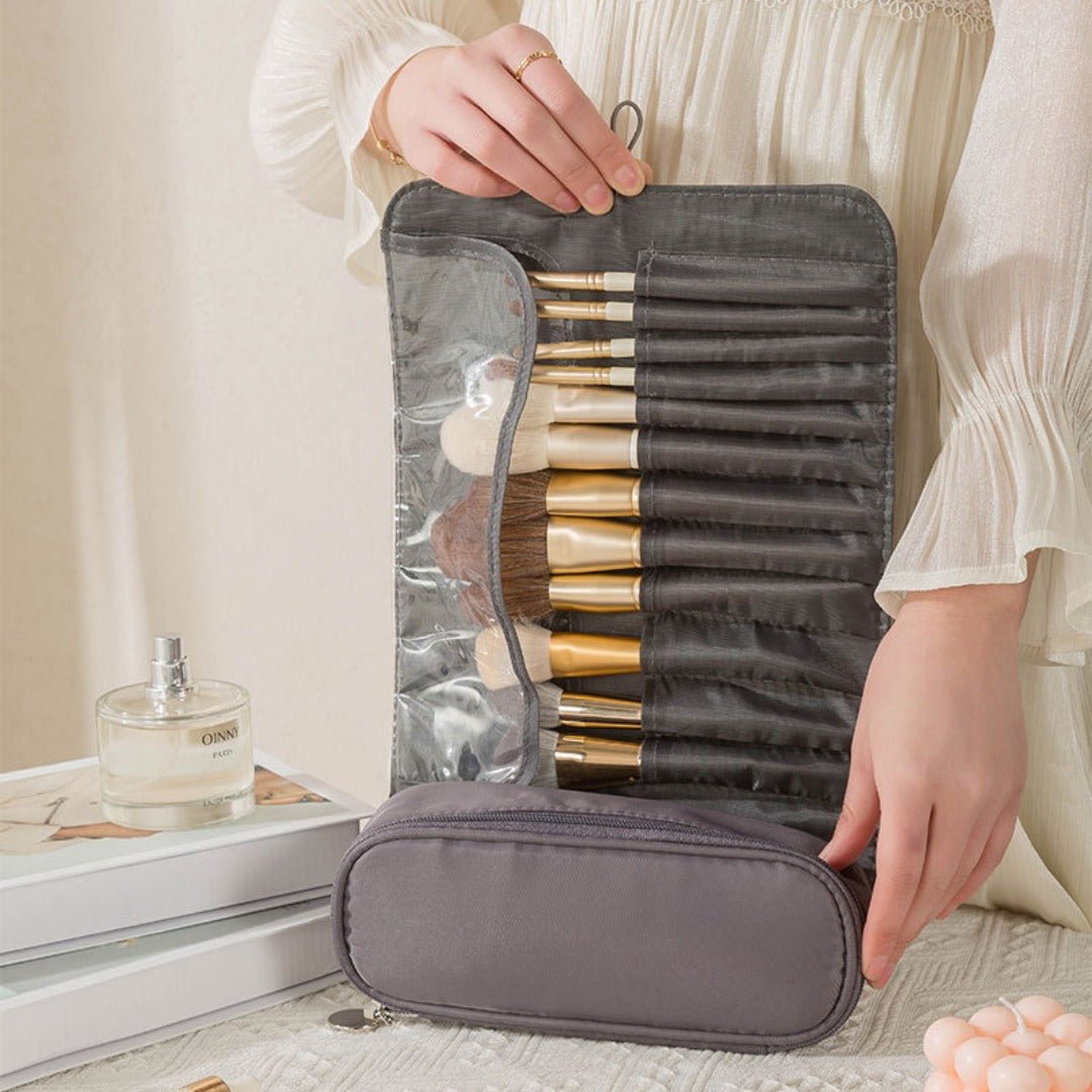 Multi-Function Folding Beauty & Brush Bag with organized brushes