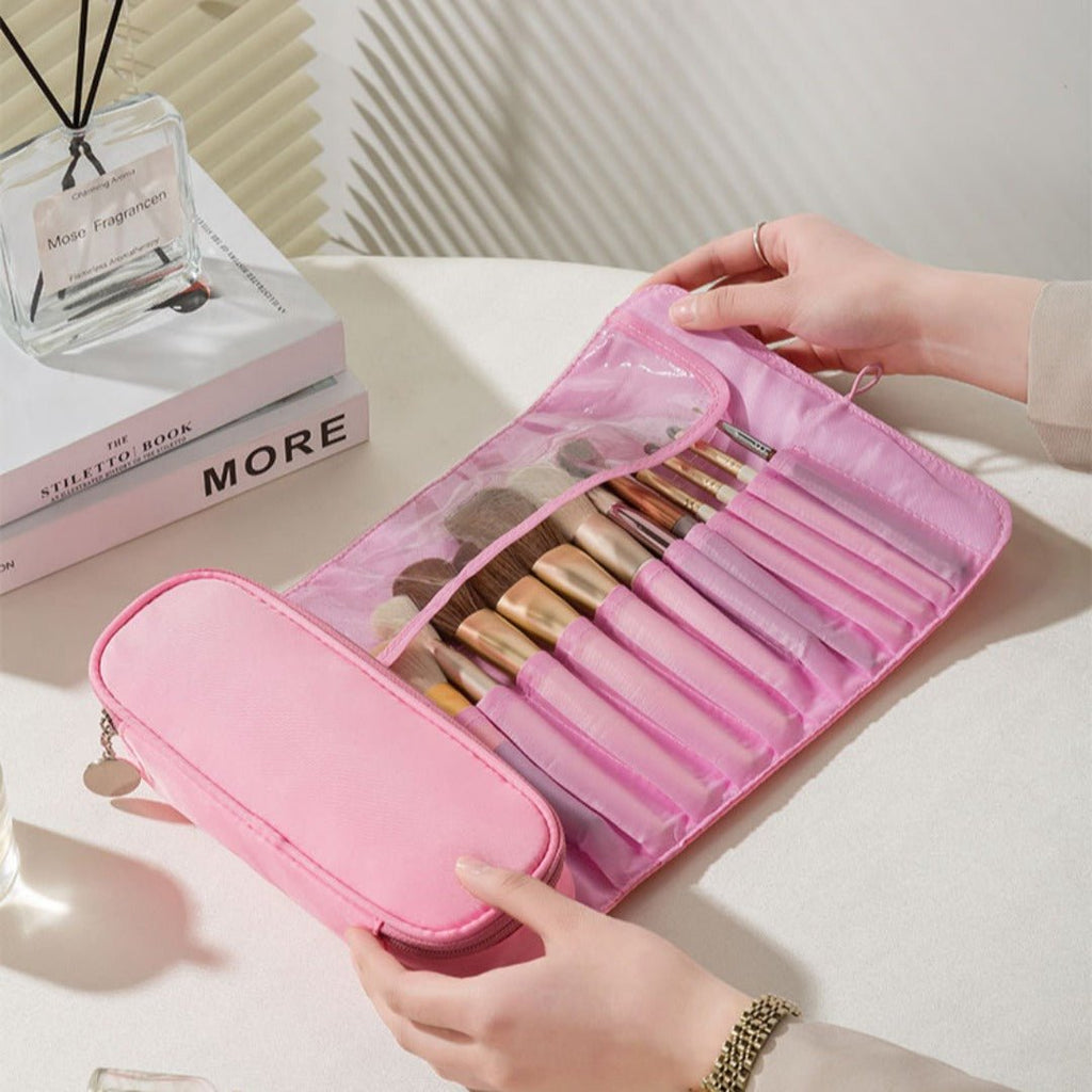 Multi-Function Folding Beauty & Brush Bag with organized brushes