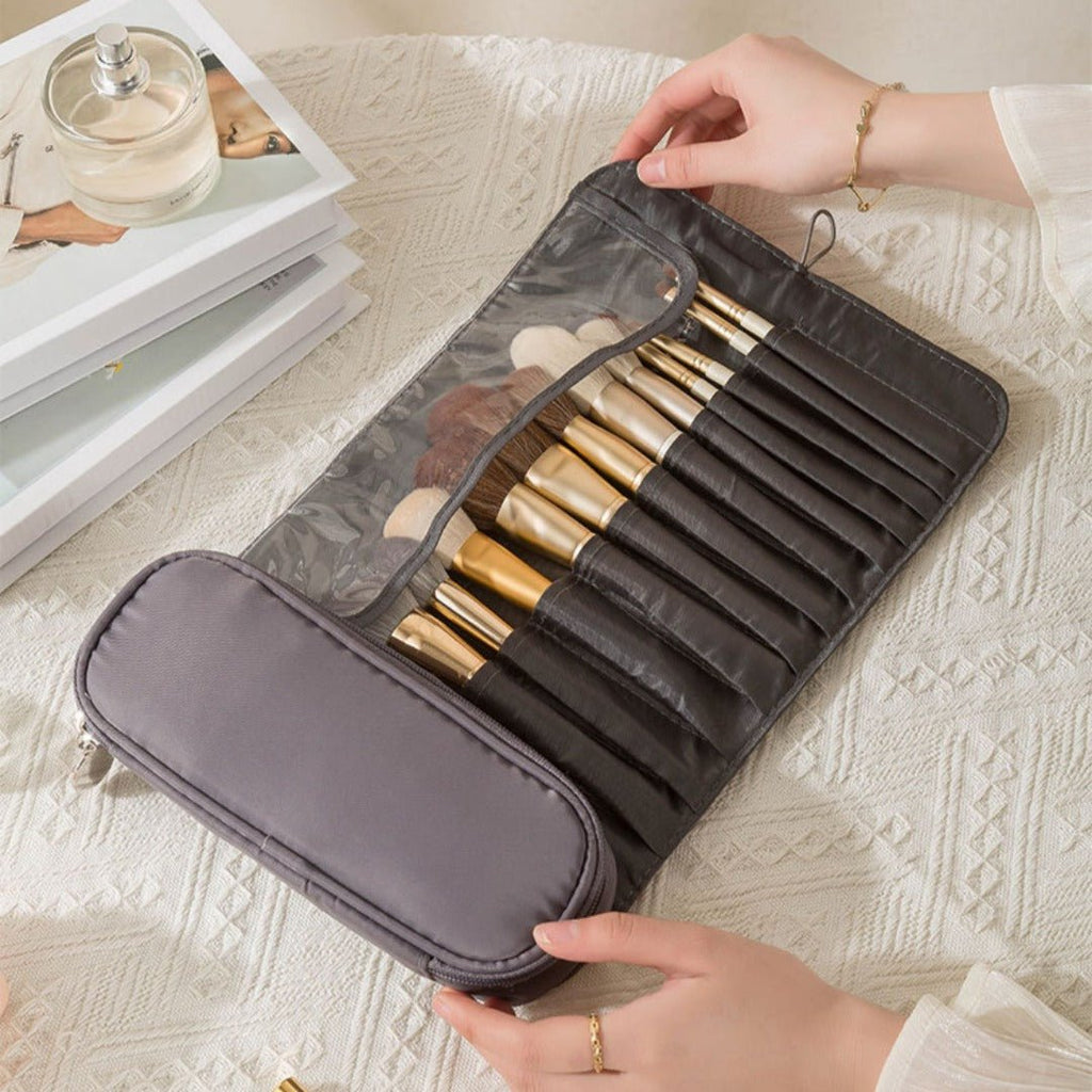 Multi-Function Folding Beauty & Brush Bag with organized makeup brushes