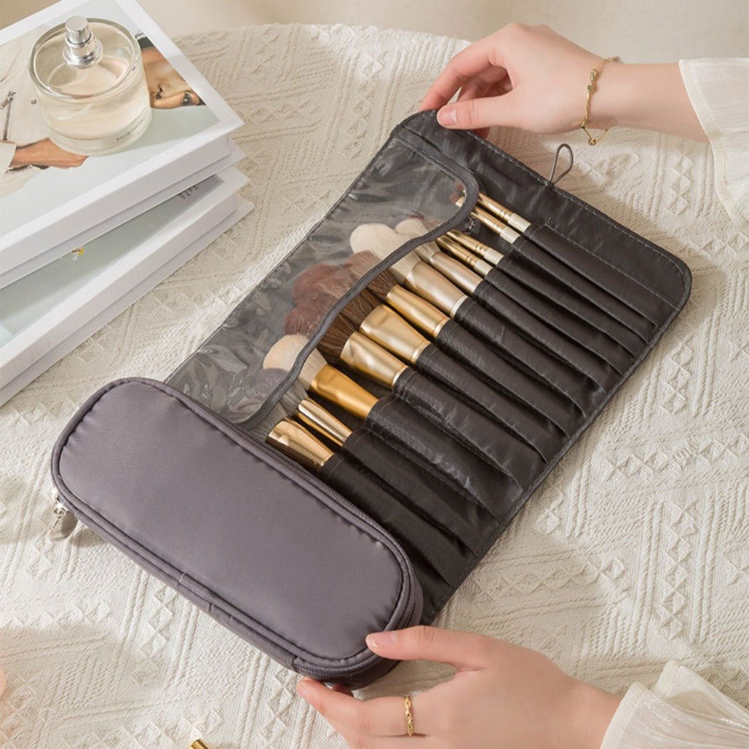 Multi-Function Folding Beauty & Brush Bag with organized makeup brushes