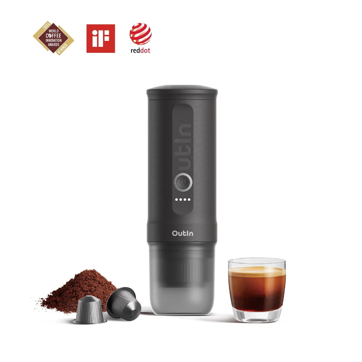 Black coffee maker with a glass of coffee and coffee grounds on a white background