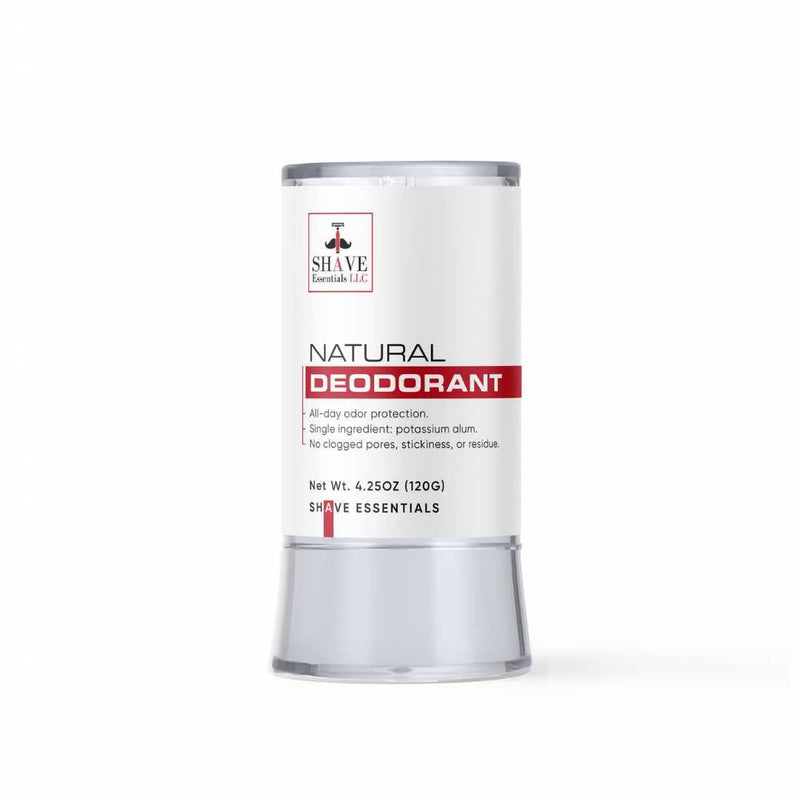 Shave Essentials natural deodorant canister on a white background