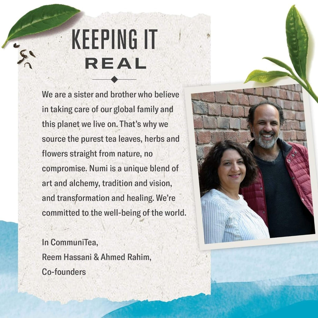 Numi Mini Tea Sampler – Organic Assorted Tea Sachets (8 Count) co-founders Reem Hassani and Ahmed Rahim with a message about caring for the planet.