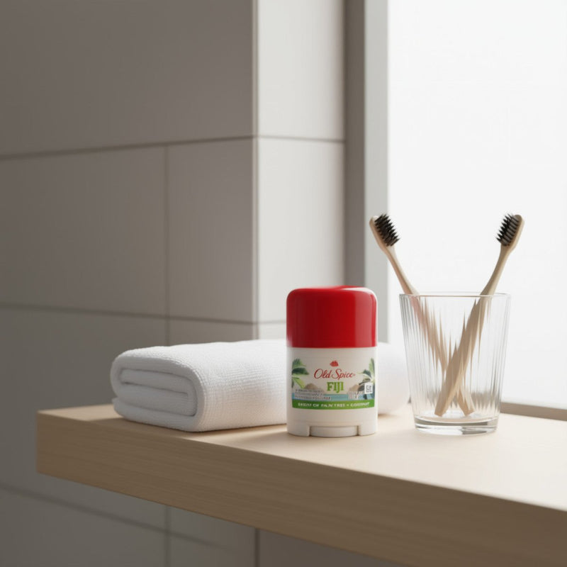 Red and white container of travel-sized Old Spice Fiji Deodorant on a bathroom shelf with a glass of toothbrushes and a towel.