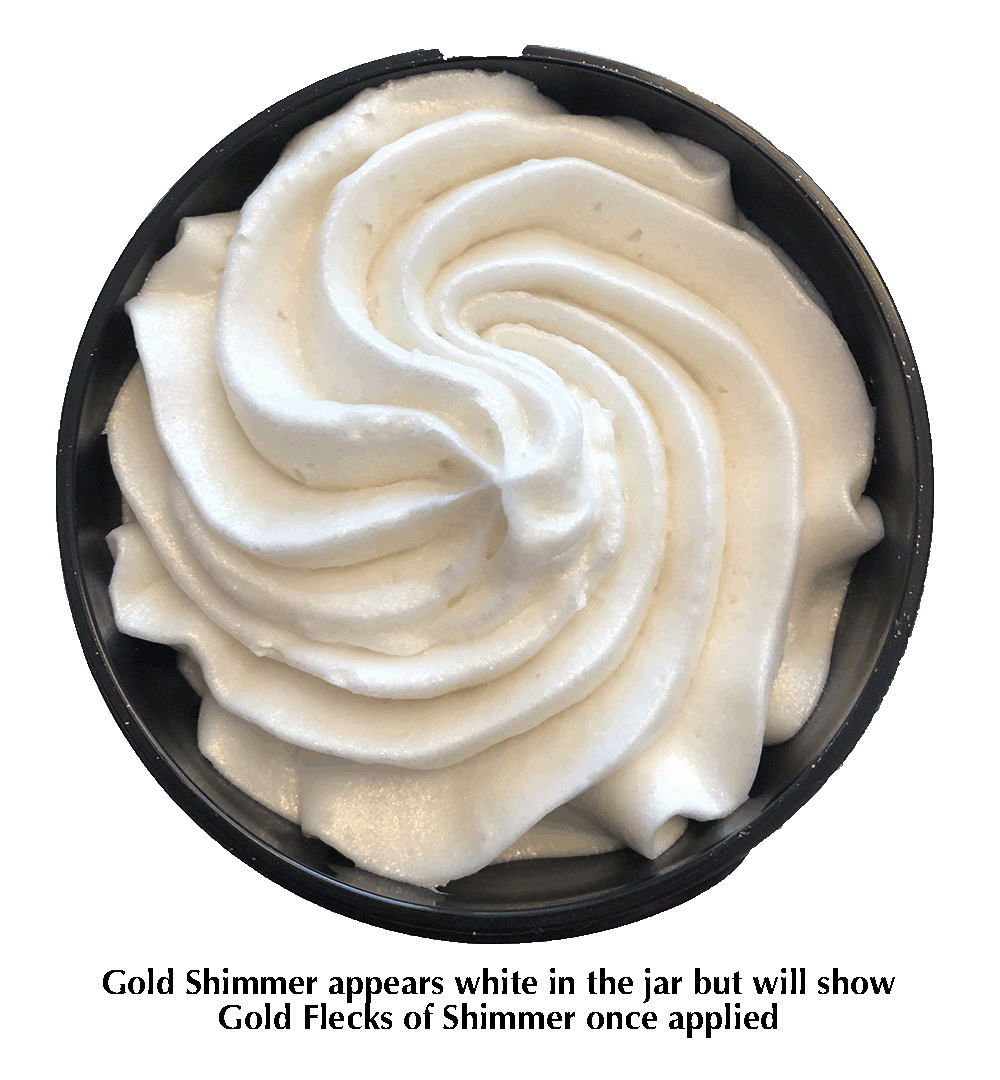 Gold shimmer body butter on a transparent background. It appears white in the jar but rubs on gold-tinted.