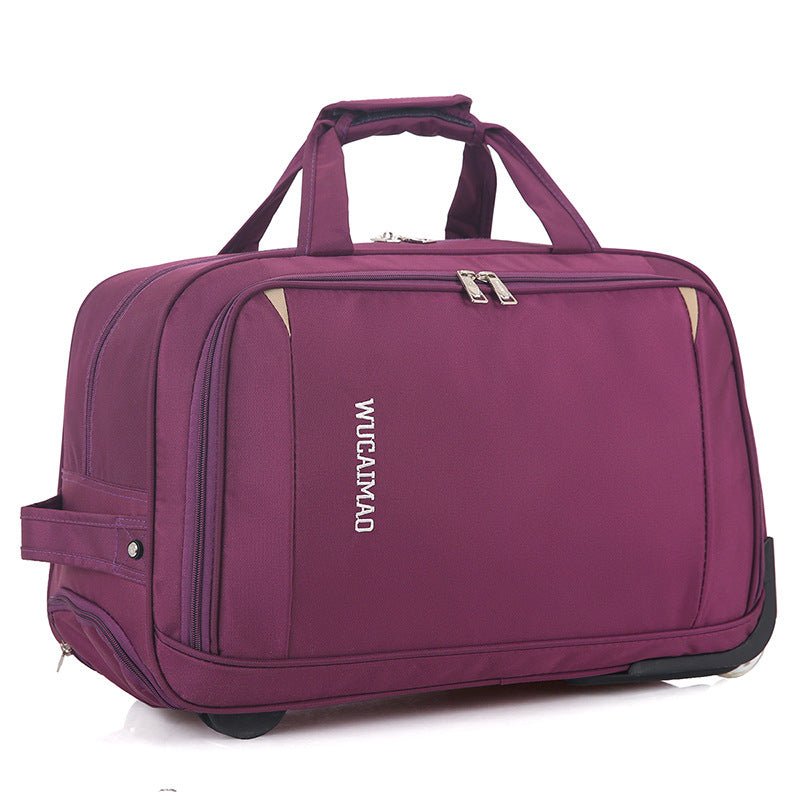 Purple travel bag with wheels on a white background