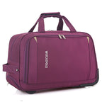 Purple travel bag with wheels on a white background