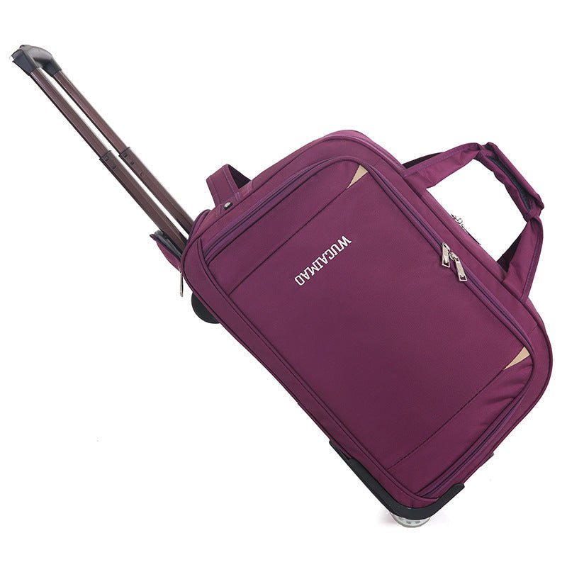 Purple suitcase with a visible brand logo on a white background